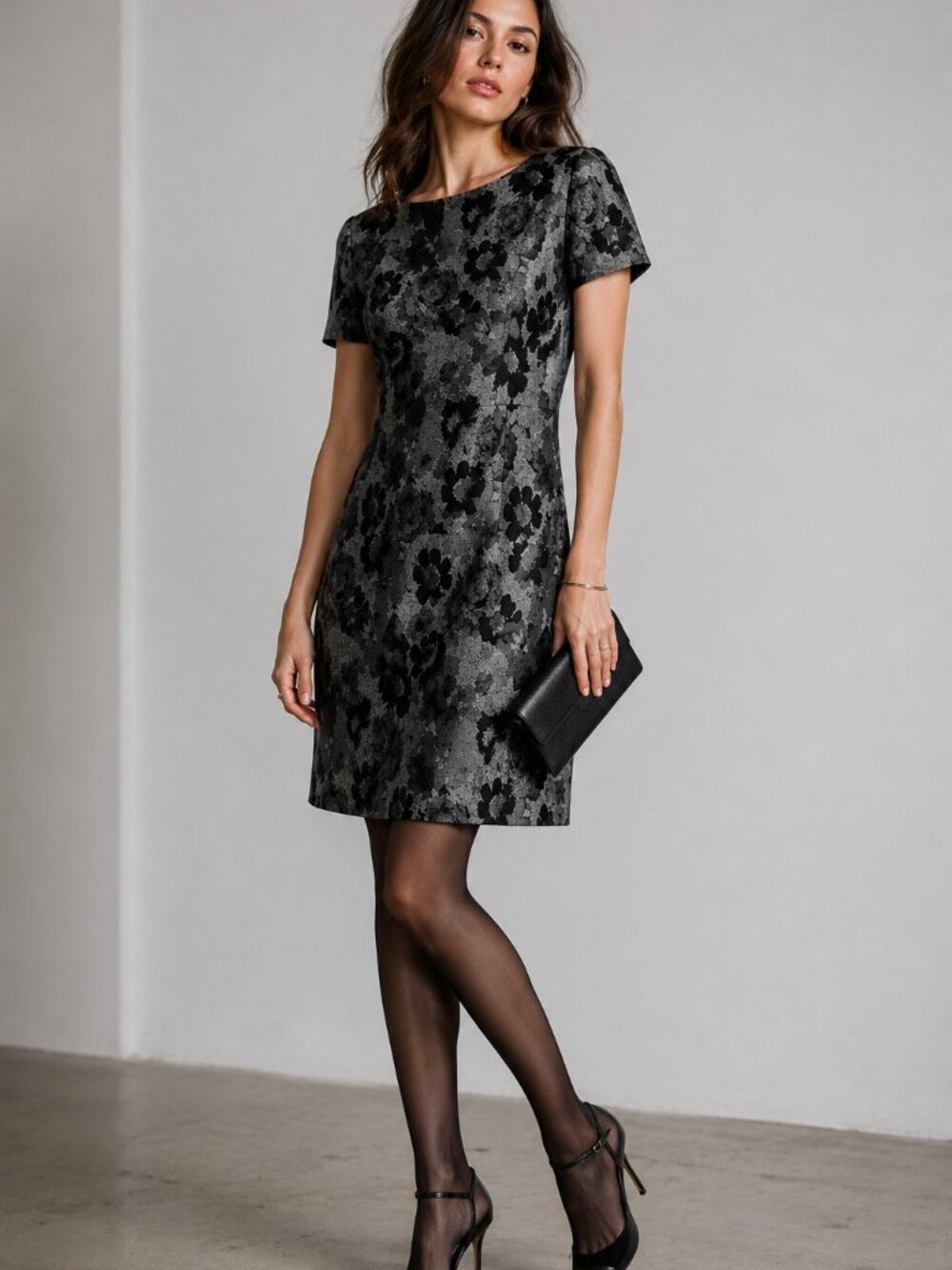 Banana Republic Dress Women4 Floral Shift Black Metallic Brocade Wool Blend